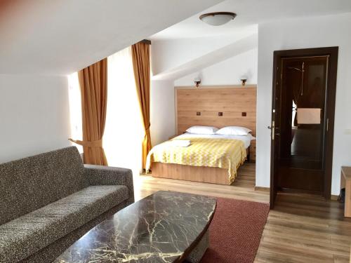 a living room with a bed and a couch at Vila Luminita in Sângeorz-Băi
