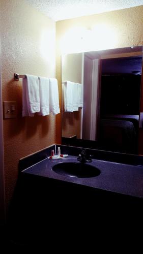 a bathroom with a sink and a mirror and towels at Rodeway Inn in Concord