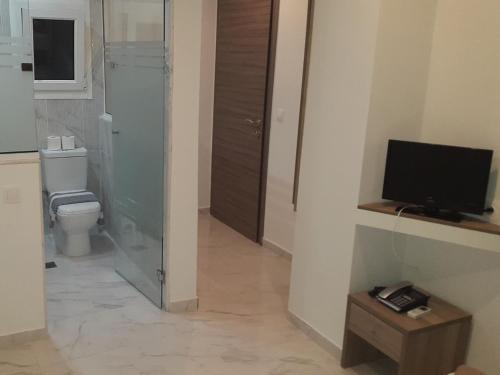 a bathroom with a shower and a toilet and a television at Hotel Rex in Thessaloniki