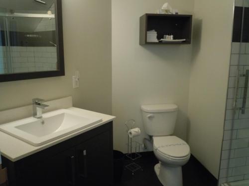 a bathroom with a white toilet and a sink at L'Auberge Du Lac St-Pierre in Trois-Rivières