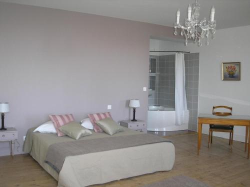 a bedroom with a bed and a table and a chandelier at La Saudade in Saint-Péray