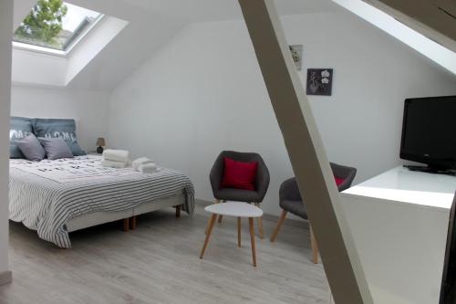 a bedroom with a bed and two chairs and a tv at Gîte LE JARDINIER in Épinal