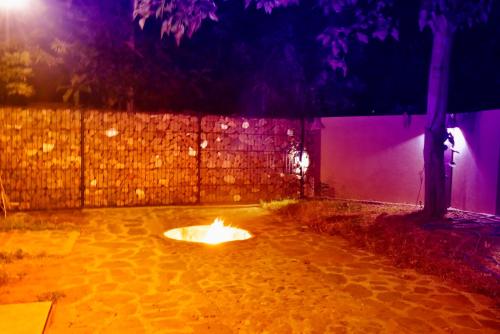 a fire pit in the middle of a courtyard at night at Lizard Safari Lodge in Udawalawe
