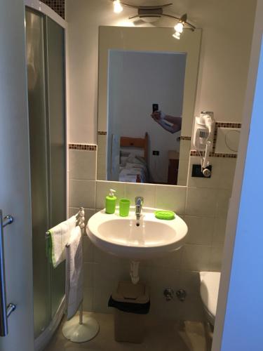 uma casa de banho com um lavatório, um chuveiro e um espelho. em Affittacamere Penasa em Rabbi