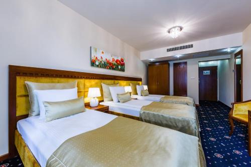 a hotel room with two beds and a desk at Grein Hotel in Rzeszów