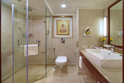 ein Bad mit einem Waschbecken, einem WC und einer Dusche in der Unterkunft Fortune Park BBD - Member ITC Hotel Group in Lucknow