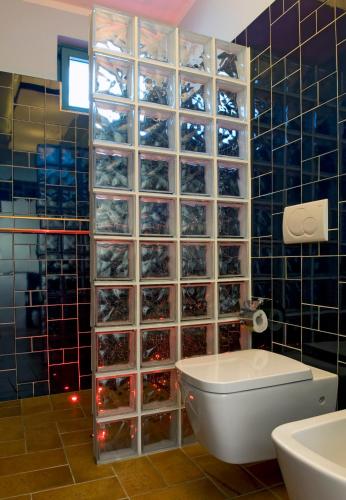a bathroom with a toilet and a tiled wall at B&B 7 Vizi in Colà di Lazise