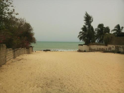 a sandy beach with palm trees and the ocean at Guesthouse Dalal ak Jàmm in Mbour