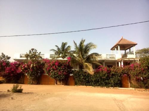 a house with pink flowers and a fence at Guesthouse Dalal ak Jàmm in Mbour