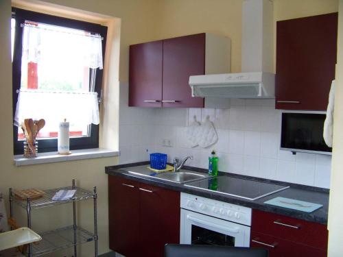 eine Küche mit lila Schränken, einem Waschbecken und einem Fenster in der Unterkunft Herberge Zum Steiger Franz in Sedlitz