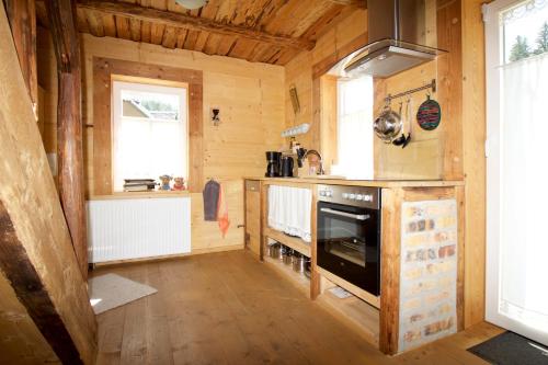 a kitchen with wooden walls and a stove top oven at Ferienhaus Anno Dazumal, wie zu Oma`s Zeiten in Klingenthal