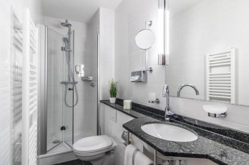 a bathroom with a sink and a toilet and a shower at Hotel Garni Oberrhein in Rheinfelden