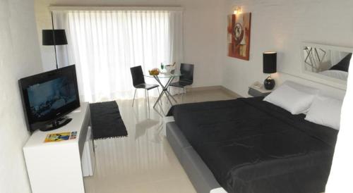 a bedroom with a bed and a television on a table at Punta del Este Arenas Hotel in Punta del Este