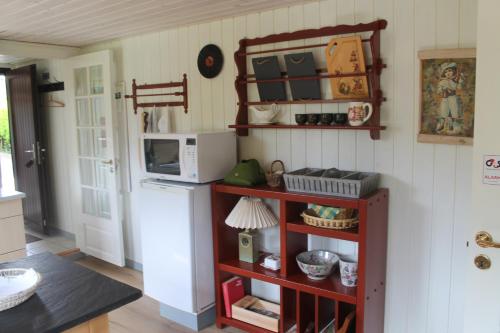 a kitchen with a shelf with a microwave and a stove at Engbo in Sindal
