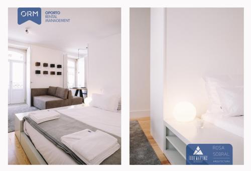 2 imágenes de un dormitorio con cama y sofá en ORM - Almada Apartments, en Oporto