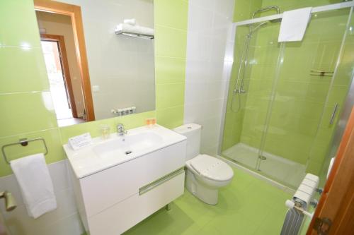 La salle de bains est pourvue de toilettes, d'un lavabo et d'une douche. dans l'établissement Hotel y Apartamentos El Camín, à Poo de Llanes