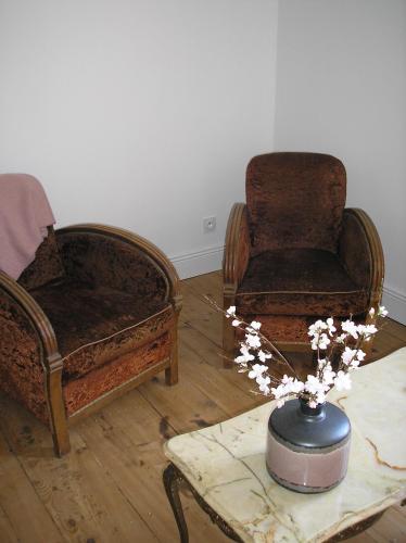 a living room with two chairs and a table with flowers at La Saudade in Saint-Péray