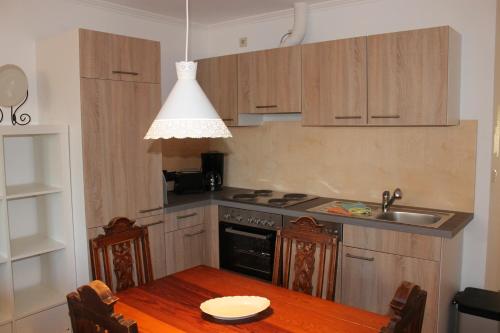 a kitchen with a wooden table and a sink at Lindenhof Habernis in Steinberg