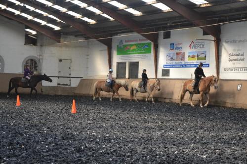 a group of people riding horses in a building at Lindenhof Habernis in Steinberg
