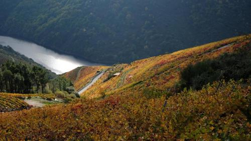 a view of a hill with a river in the background at Casa do Conto in Doade