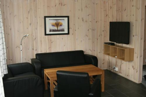 a living room with a couch and a table and a television at Tråsåvika Camping in Viggja