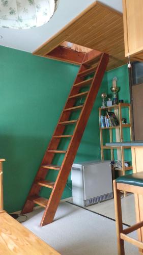 a wooden staircase in a room with a green wall at Apartment Evergreen Bovec in Bovec