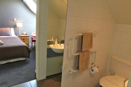 a bathroom with a sink and a toilet and a bed at Drifters Inn in Hanmer Springs