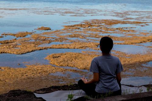a woman sitting on a wall looking at the water at Plataran Menjangan Resort and Spa - CHSE Certified in Banyuwedang