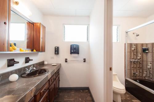 a bathroom with a sink and a shower at Capital Hostel de Ciudad in San José