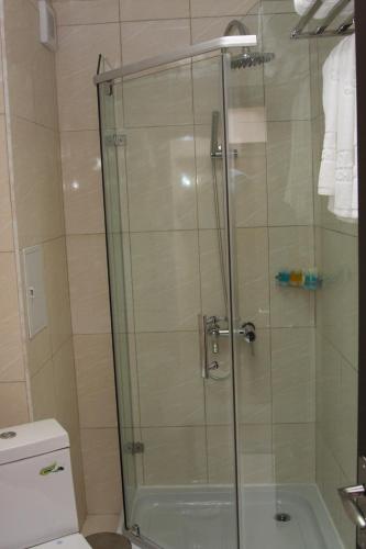 a shower with a glass door in a bathroom at Hotel Park Bachinovo in Blagoevgrad