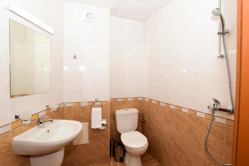 a bathroom with a toilet and a sink and a shower at Guesthouse Nefertiti in Smolyan