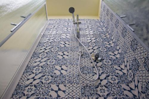 La salle de bains est pourvue d'une douche et de carrelage bleu et blanc. dans l'établissement Il balcone di Rina, à San Gimignano