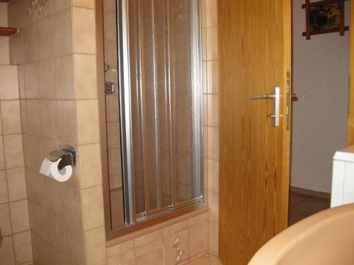 uma casa de banho com um chuveiro com um rolo de papel higiénico em Haus Rehblick em Bräunlingen