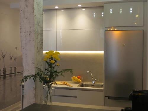 a kitchen with a sink and a refrigerator at San Sebastián VERY NICE apartment 100m from La Kontxa Beach in San Sebastián
