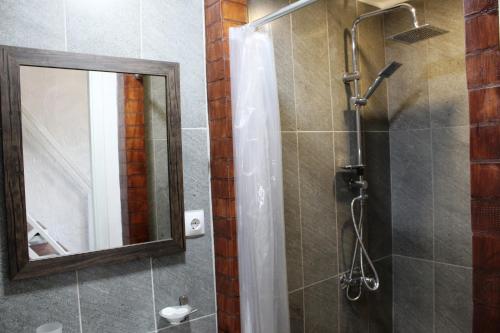 a bathroom with a shower and a mirror at Old Town Studio With Picture Perfect Terrace ! in Tbilisi City