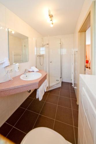 a bathroom with a sink and a shower and a toilet at Landgasthof Feihl in Oberwiesenacker