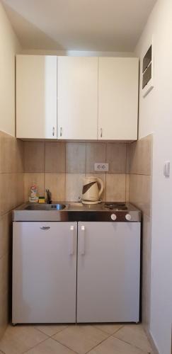 a kitchen with white cabinets and a sink at Apartments Popović in Žabljak