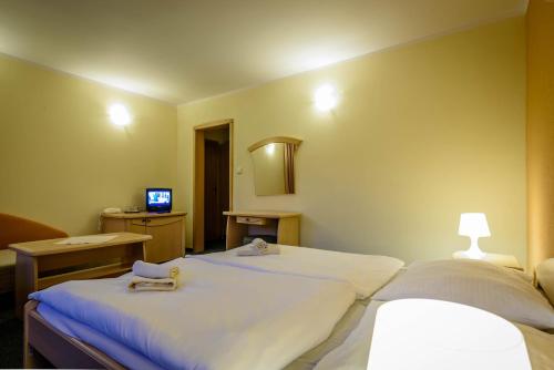 a hotel room with two beds and a television at Hotel Boboty in Terchová