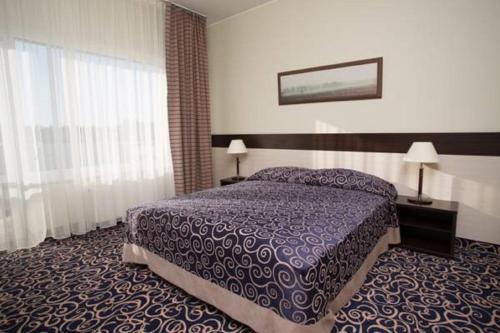 a hotel room with a bed and two windows at Medical SPA "Eglės sanatorija" Comfort Druskininkai in Druskininkai