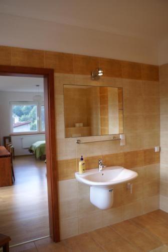 a bathroom with a sink and a mirror at Willa Moja Gawra in Lądek-Zdrój