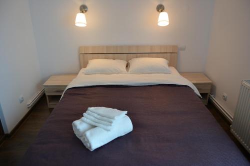a bed with two towels sitting on top of it at Pensiunea Maria in Polovragi