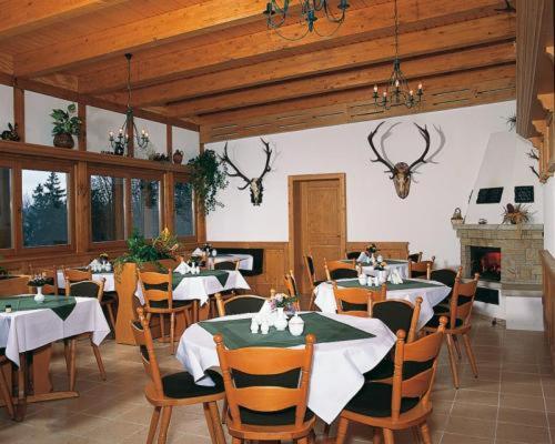 a dining room with tables and chairs and a fireplace at Panoramahotel Wolfsberg in Bad Schandau