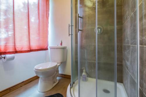 a bathroom with a toilet and a shower at Centre de l'Hêtre in Lac-Beauport