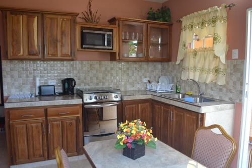 a kitchen with wooden cabinets and a stove top oven at Buccoo Reef View in Buccoo