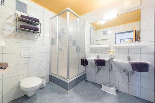 a bathroom with a toilet and a sink and a shower at Helis Appartements in Flachau