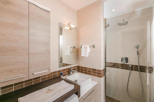 a bathroom with a sink and a shower at Apartments Los Olivos in Kotor