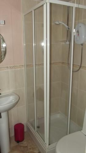 a shower with a glass door in a bathroom at Jasmine House in Newquay