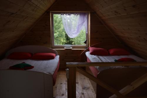 two beds in a small room with a window at Traku Horizontai in Trakai