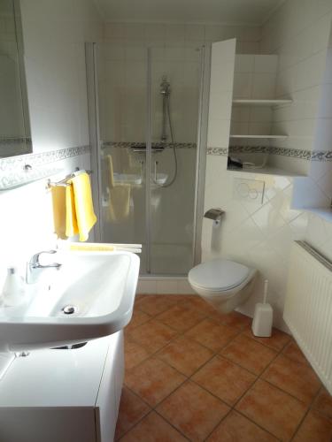 a bathroom with a shower and a sink and a toilet at Ferienwohnung Schneider in Mettlach