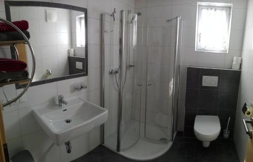 uma casa de banho com um chuveiro, um lavatório e um WC. em Appartement Andi em Wagrain